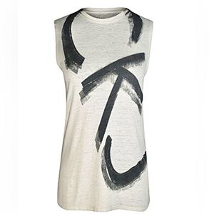 CK graphic sleeveless tee, off white, charcoal graphic, w/tiny pewter studs.